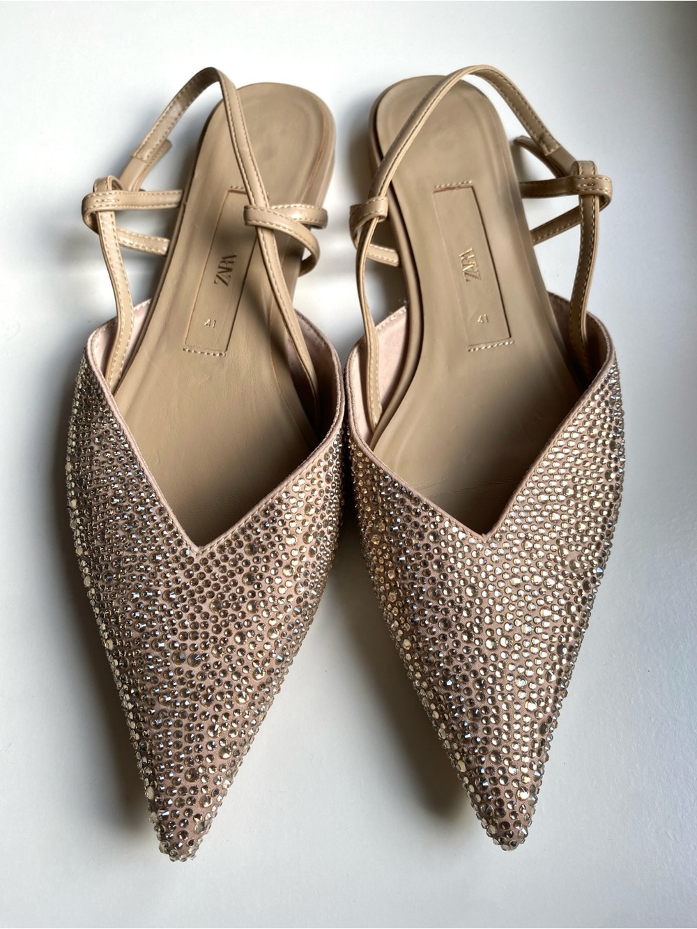 Zara Nude Crystal Pointed Slingback Flats | Quiet Luxury Party Glam | Size 10